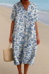 Magnolia - Vestido de Marfim Adornado com Acentos Florais em Azul Porcelana